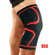 Red breathable knee compression sleeve worn on the leg