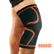 Orange breathable knee compression sleeve worn on the leg