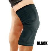 Black breathable knee compression sleeve worn on the leg